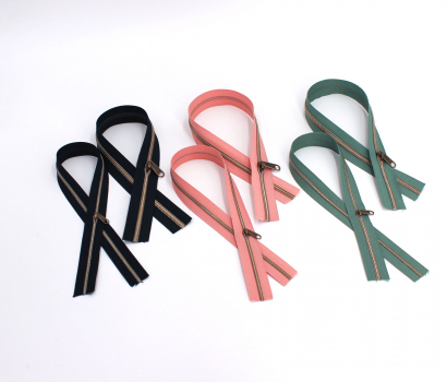 Preview: Endlosreißverschluss- Set metallisiert nachtblau, dusty rose, dusty emerald/messing-antik (6 x 50 cm)